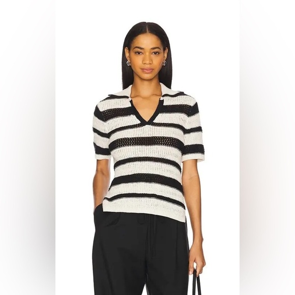 Sanctuary Tops - Sanctuary Knitted Collared Top In Black and Cream Stripe XXS